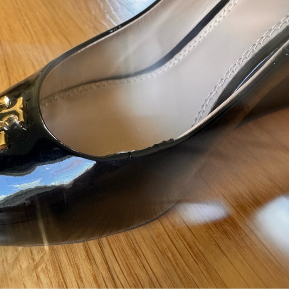 Tory Burch Jade Peep Toe Patent Leather Wedge Pumps Black Size 8 - Picture 11 of 12